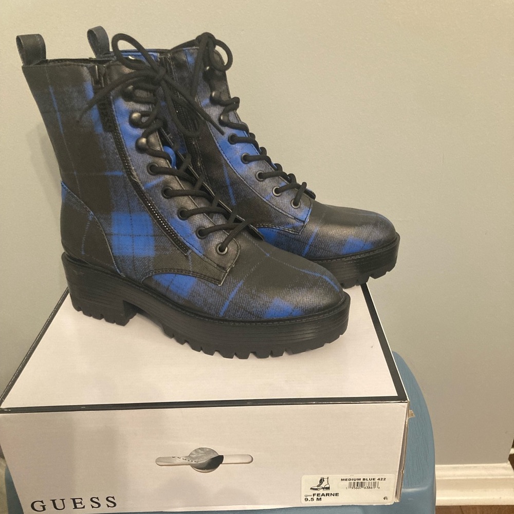 Guess waterproof boots,medium blue plaid. Never worn